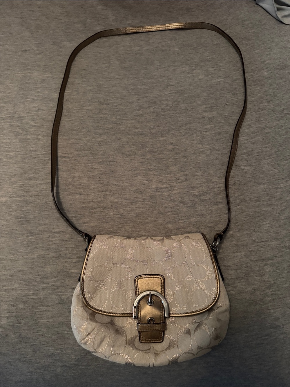 Coach Small Crossbody in Light Beige with Metallic Trim